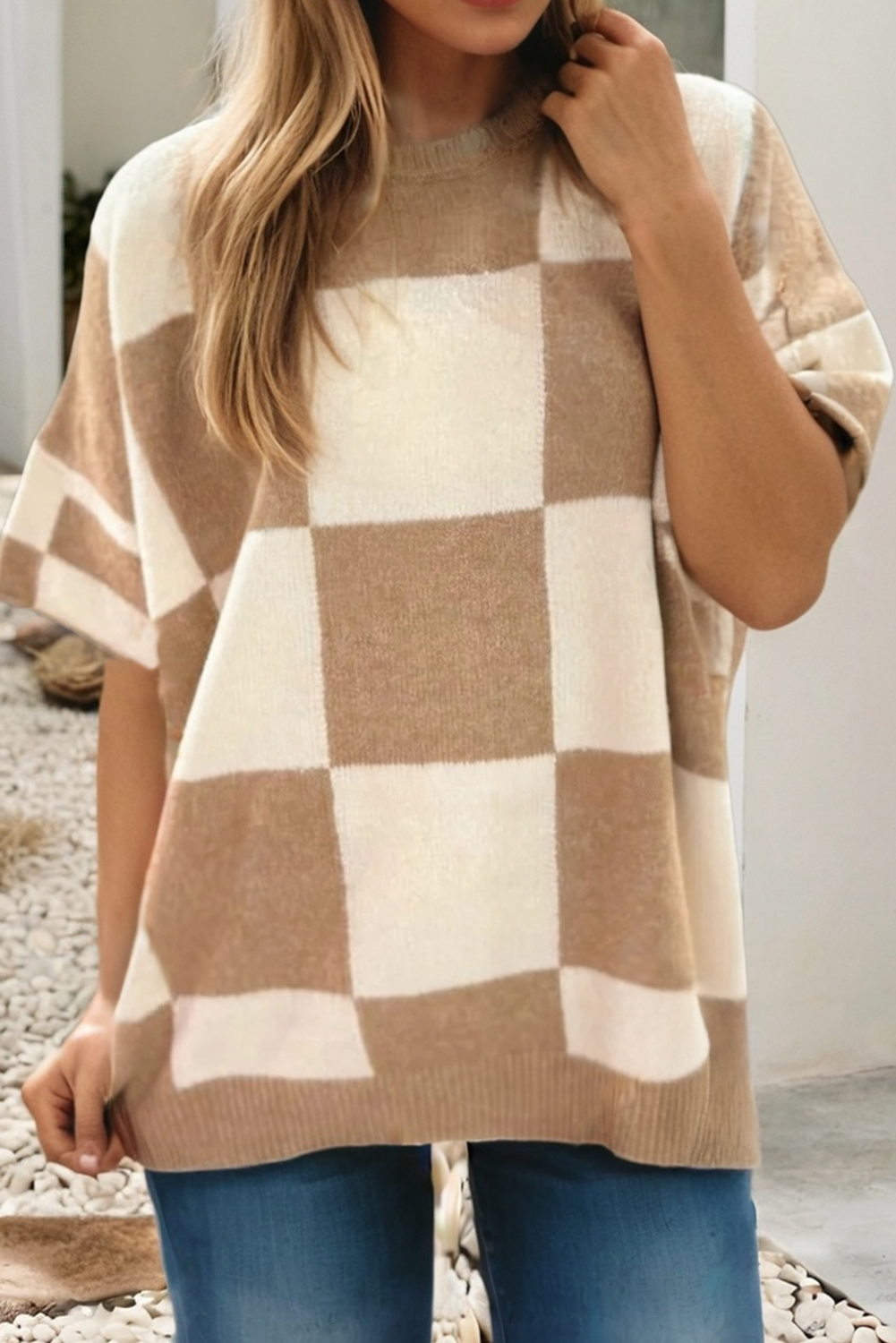 Checkered Short Sleeve Sweater