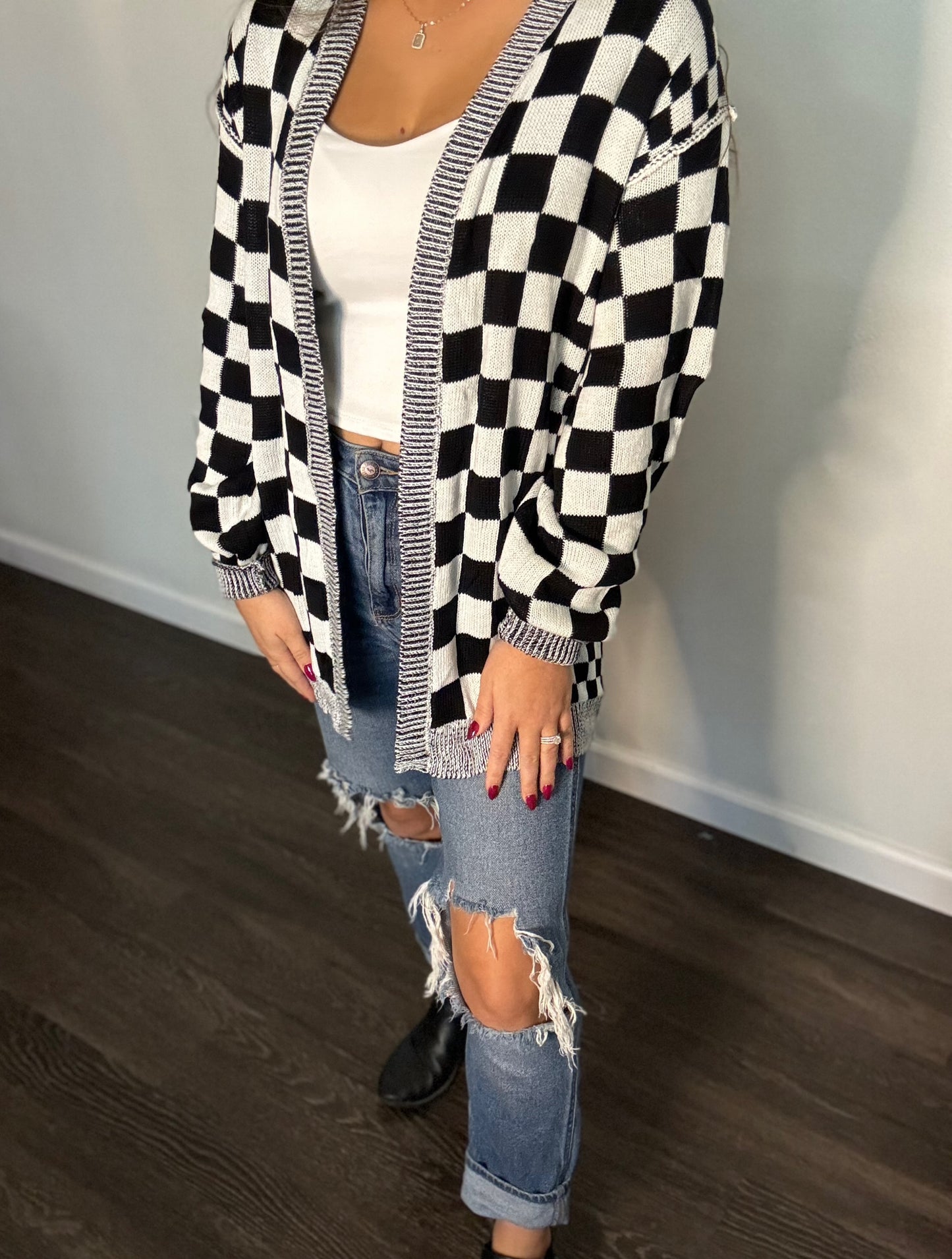 Checkered Open Front Cardigan
