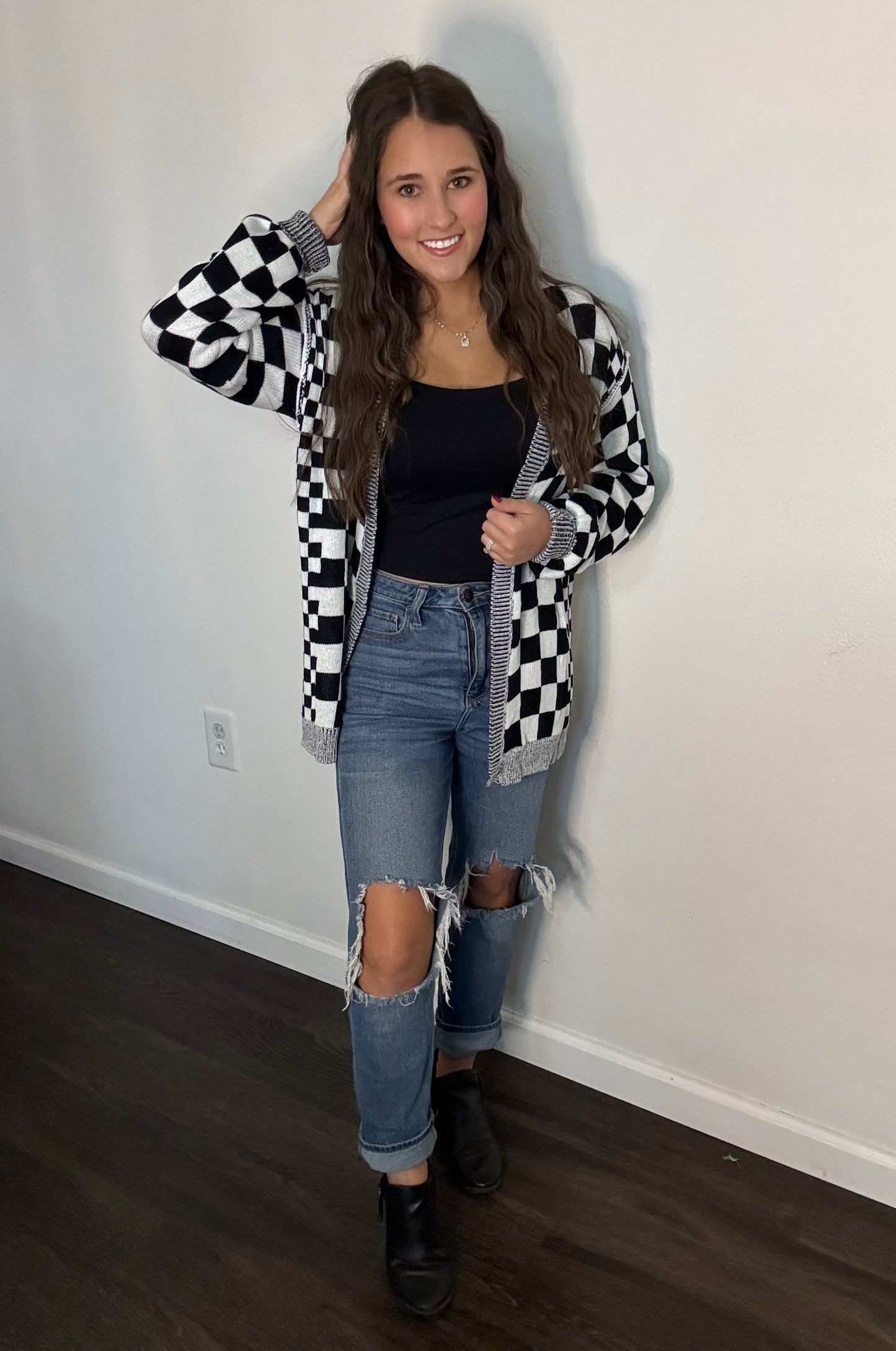 Checkered Open Front Cardigan