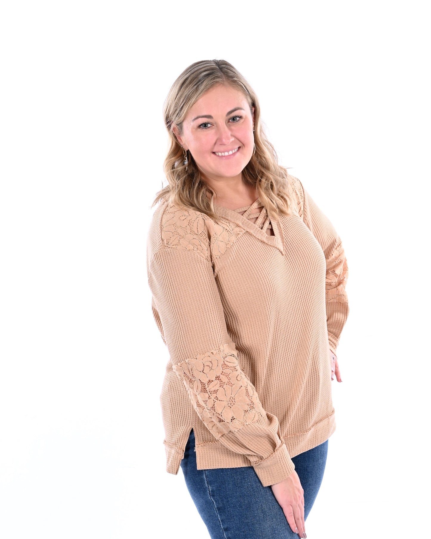 Lace Waffle Patchwork Strappy Long Sleeve Top: Apricot