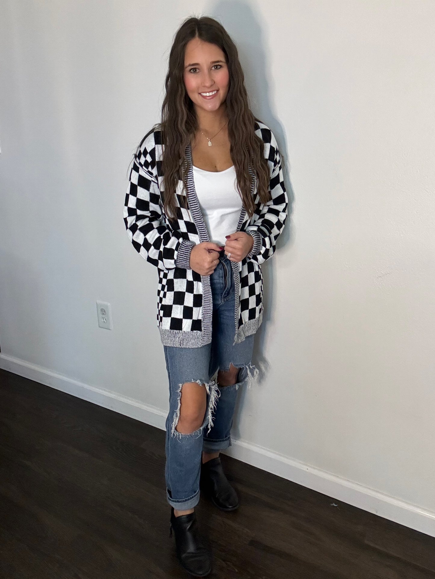 Checkered Open Front Cardigan