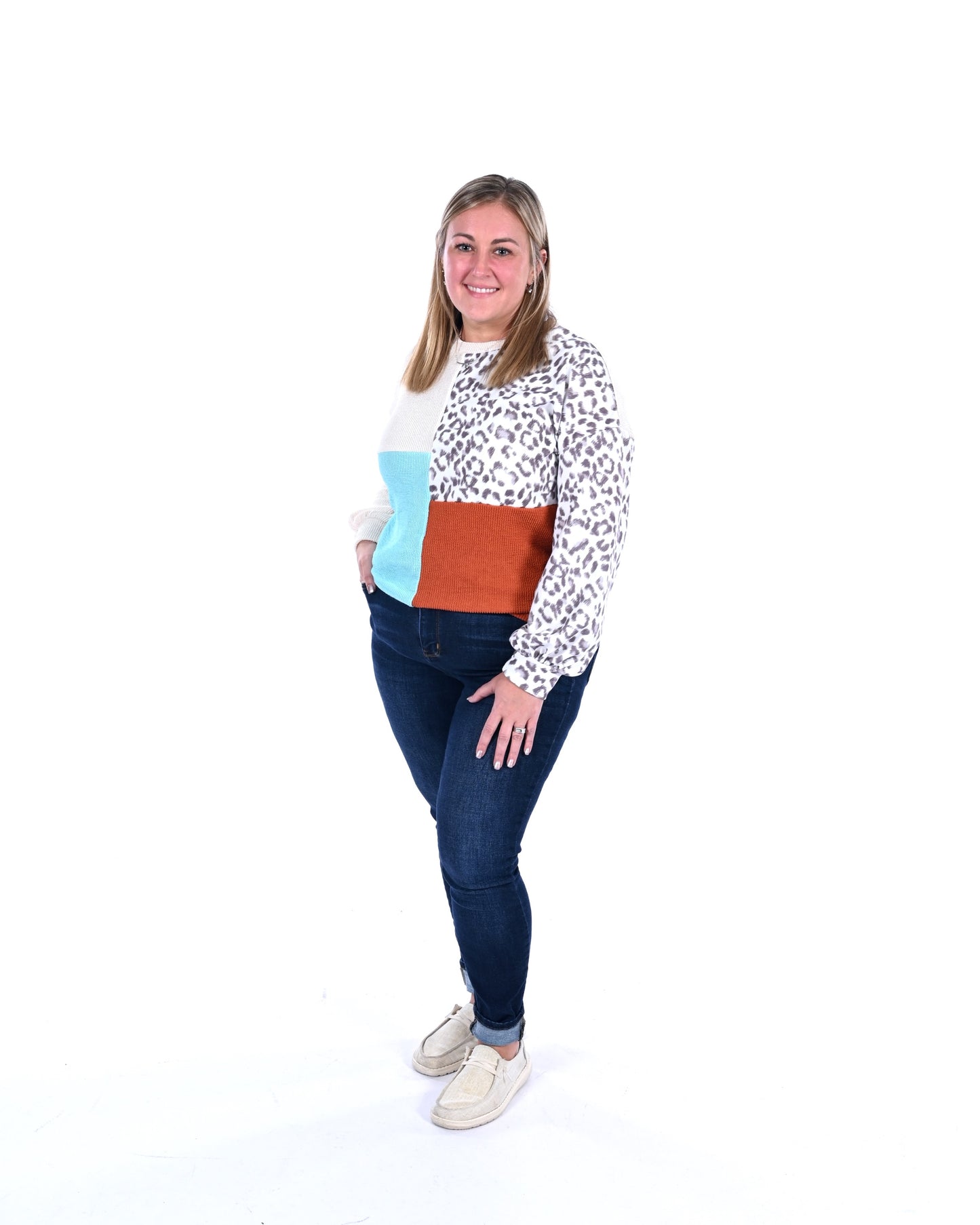 Leopard Color Block Ribbed Top