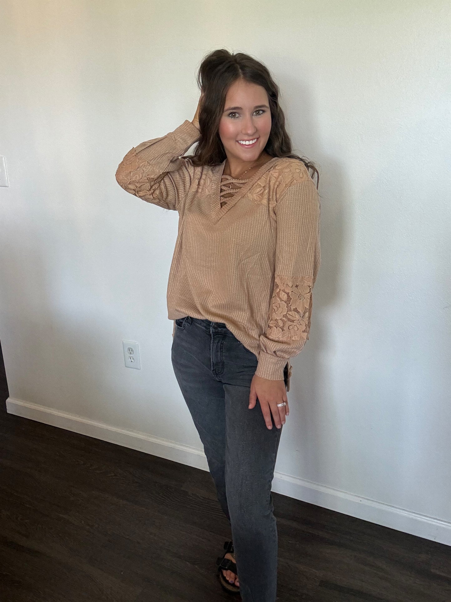 Lace Waffle Patchwork Strappy Long Sleeve Top: Apricot