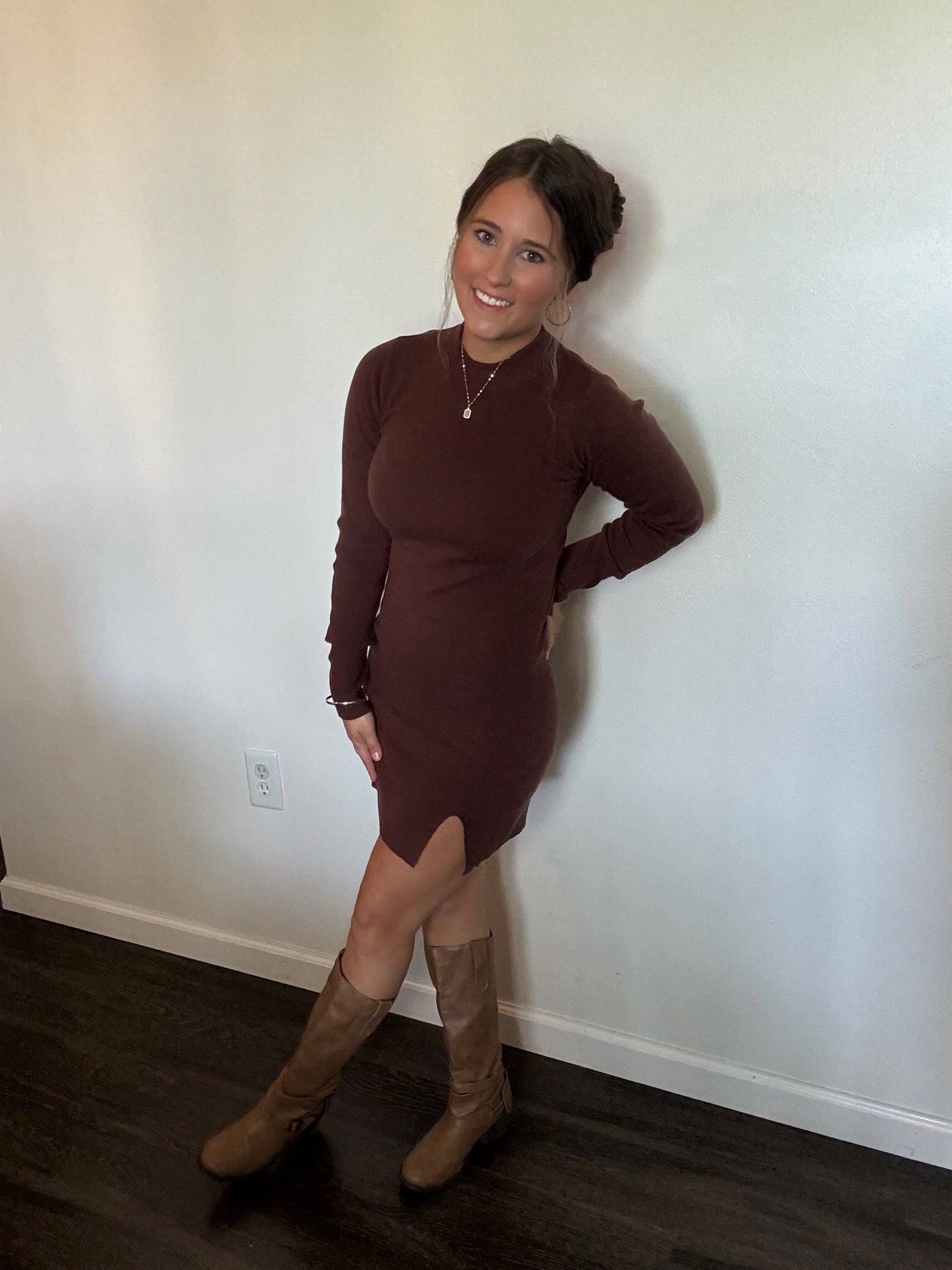 Slim Fit Mock Neck Side Slit Sweater Dress