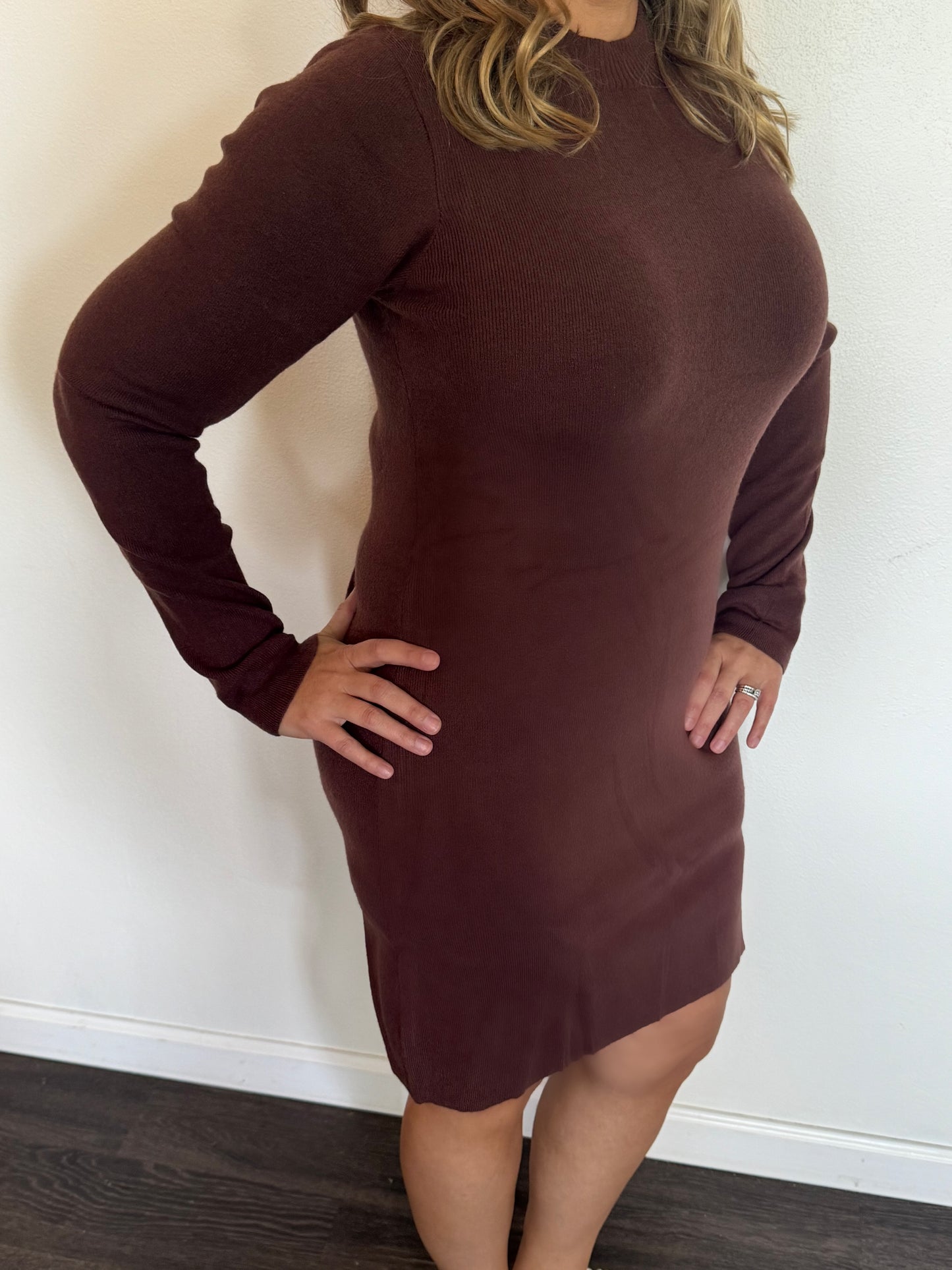 Slim Fit Mock Neck Side Slit Sweater Dress