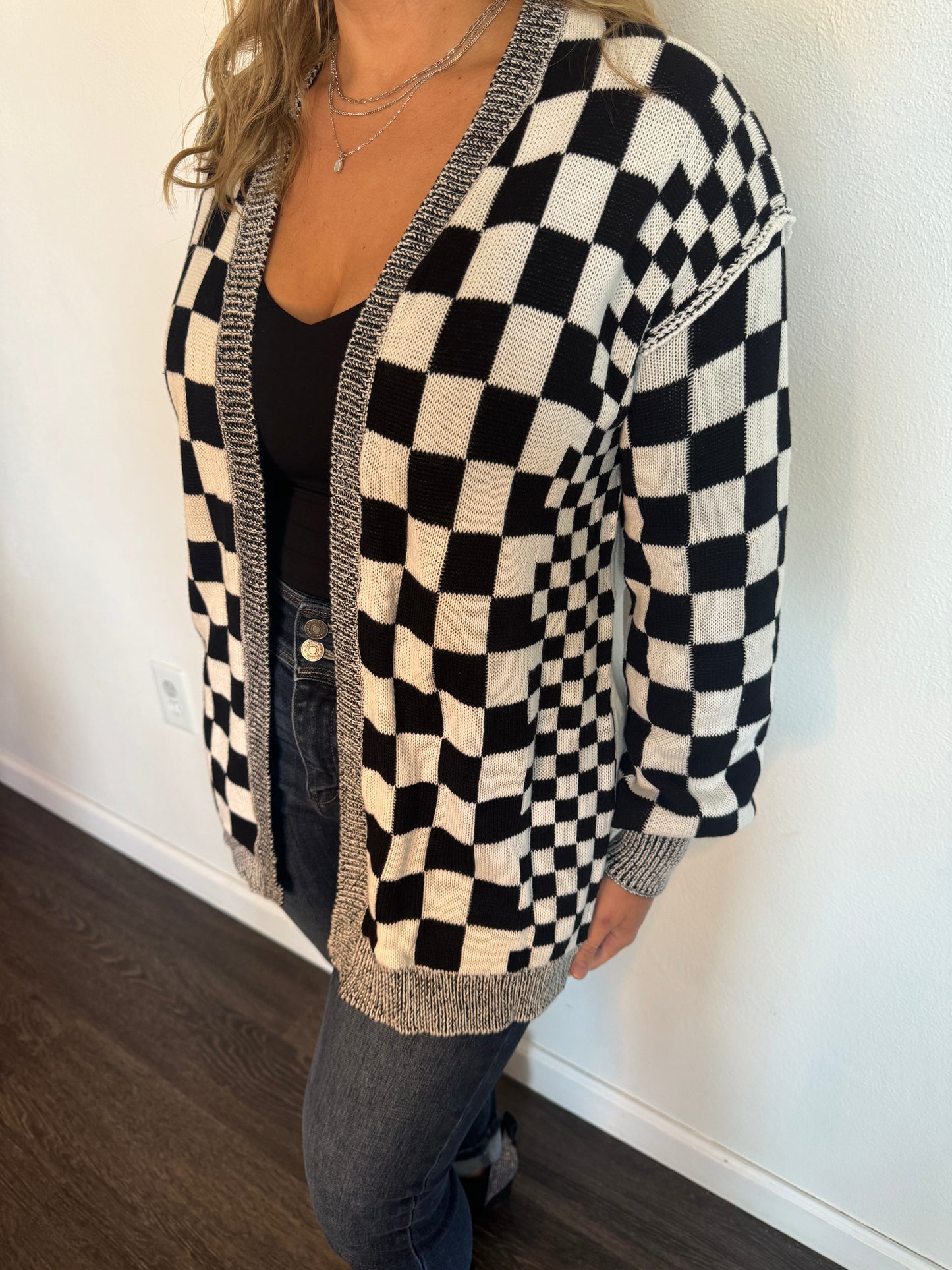 Checkered Open Front Cardigan
