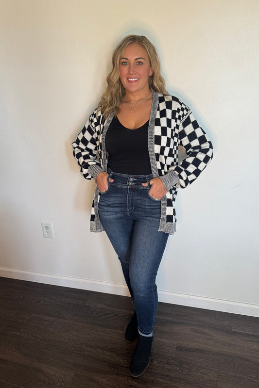 Checkered Open Front Cardigan