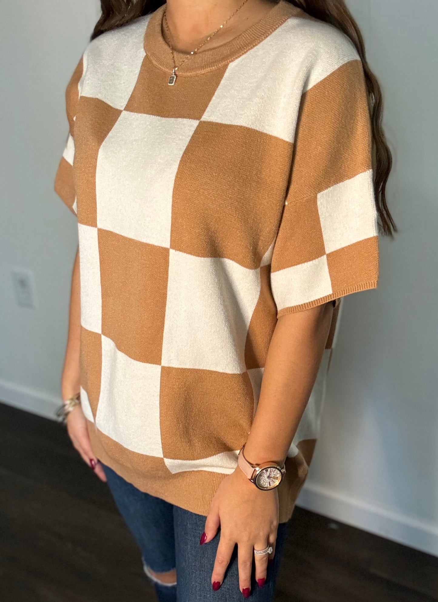 Checkered Short Sleeve Sweater