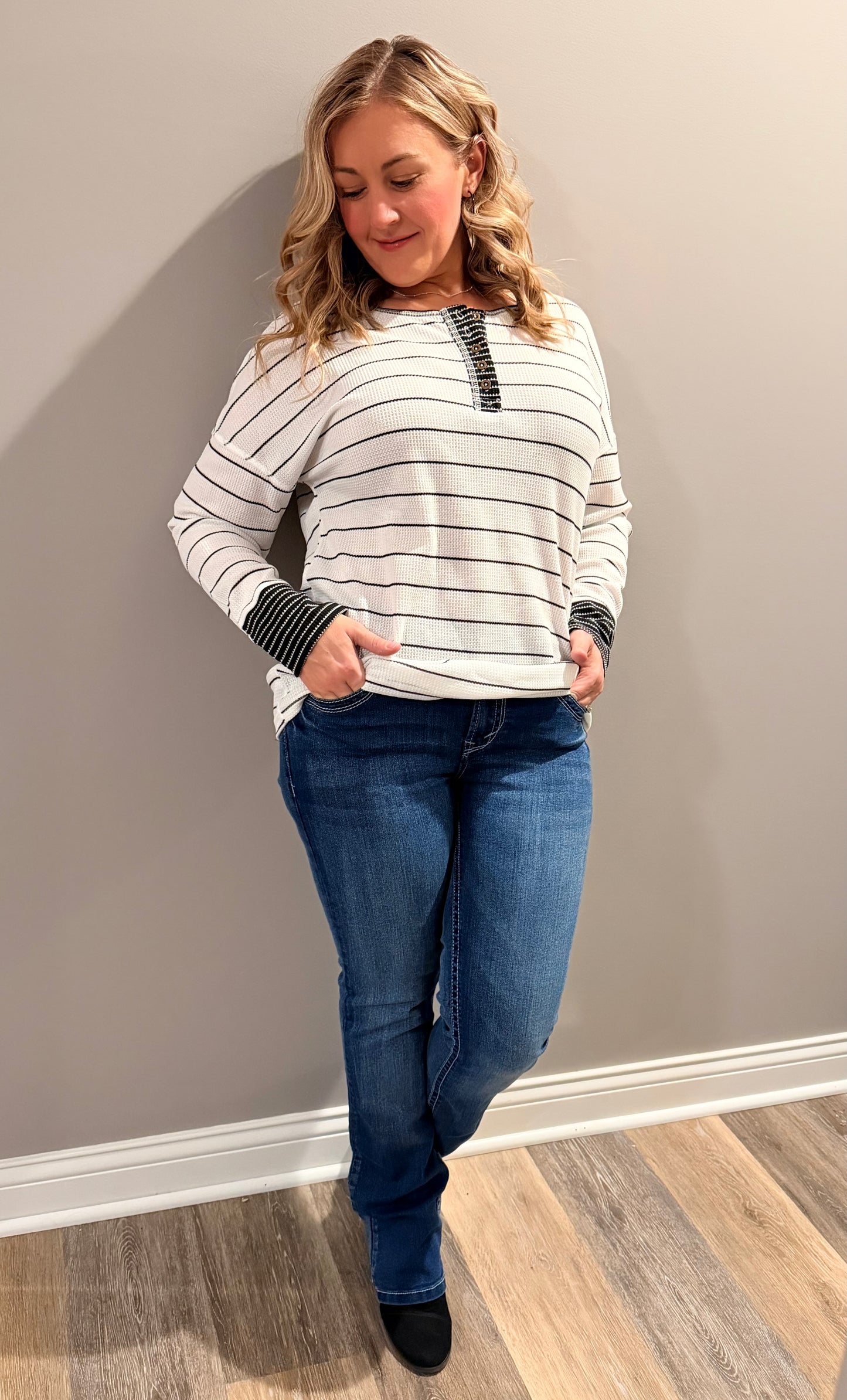 Striped Buttoned Waffle Knit Top