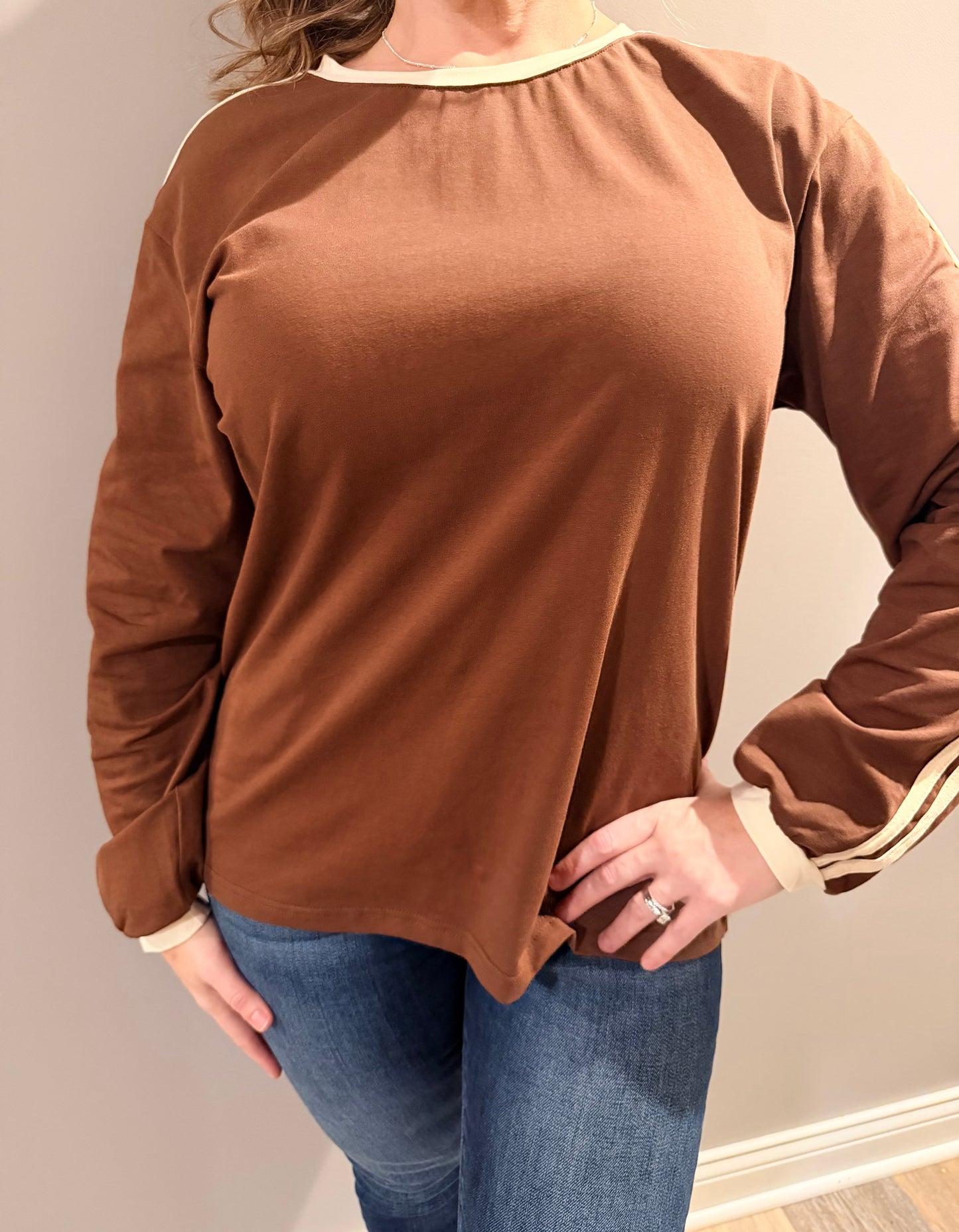 Brown Strip Sleeve Top