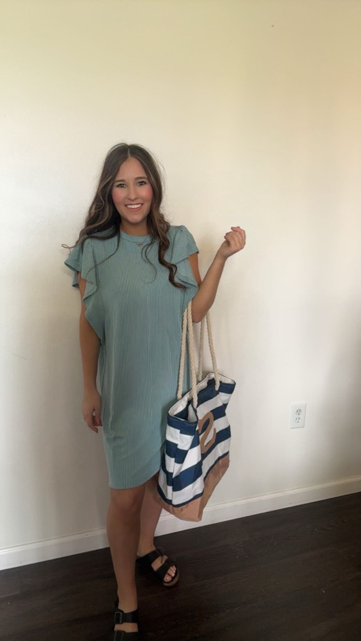 Striped Lotus Leaf Sleeve Dress