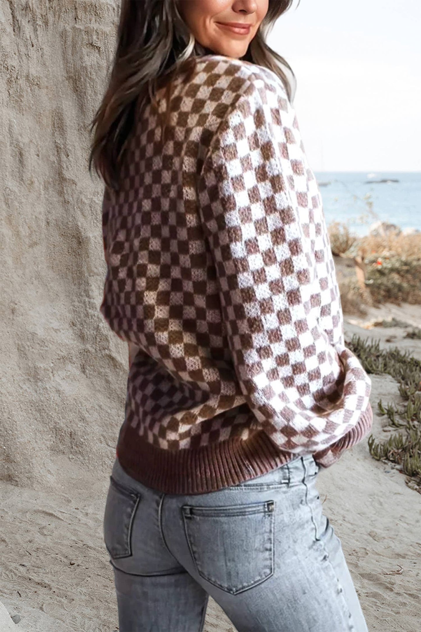 Checkerboard Half Button Sweater