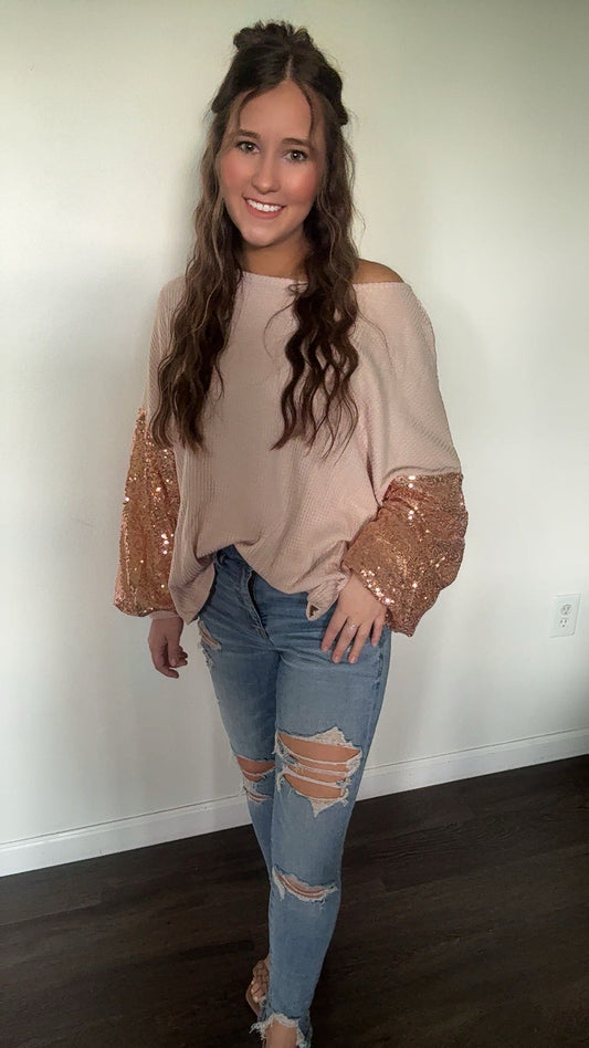 Sequin Patchwork Sleeve Open Back Waffle Knit Top