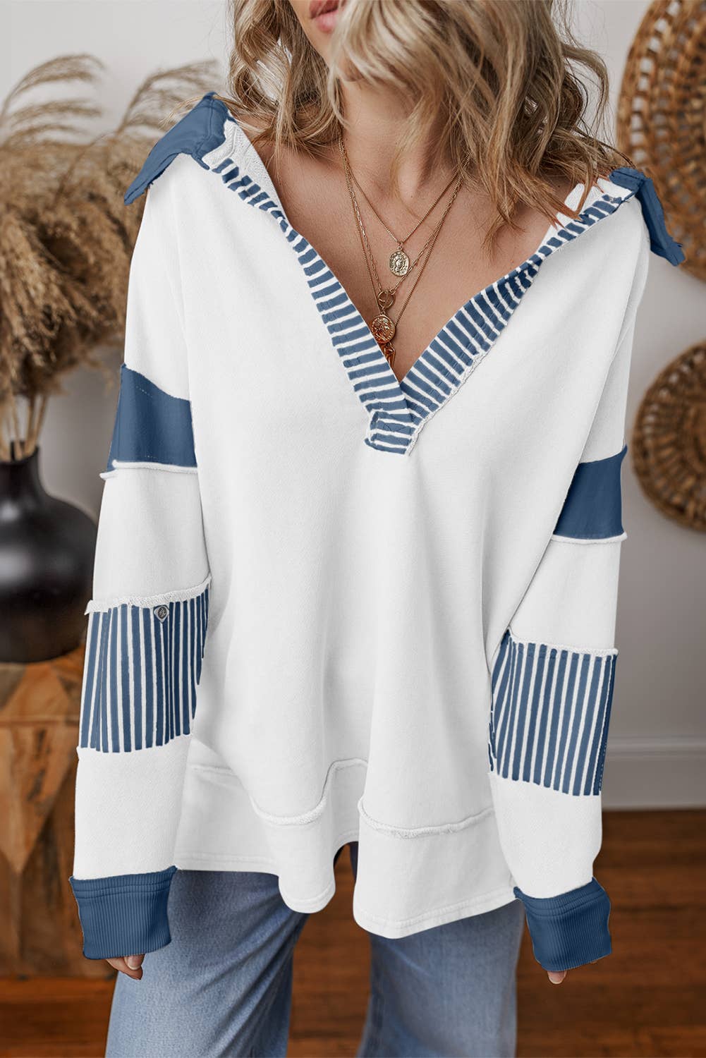 Colorblock Patchwork Striped Collar Sweatshirt: Sail Blue