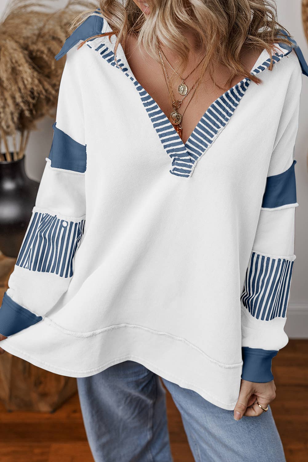 Colorblock Patchwork Striped Collar Sweatshirt: Sail Blue