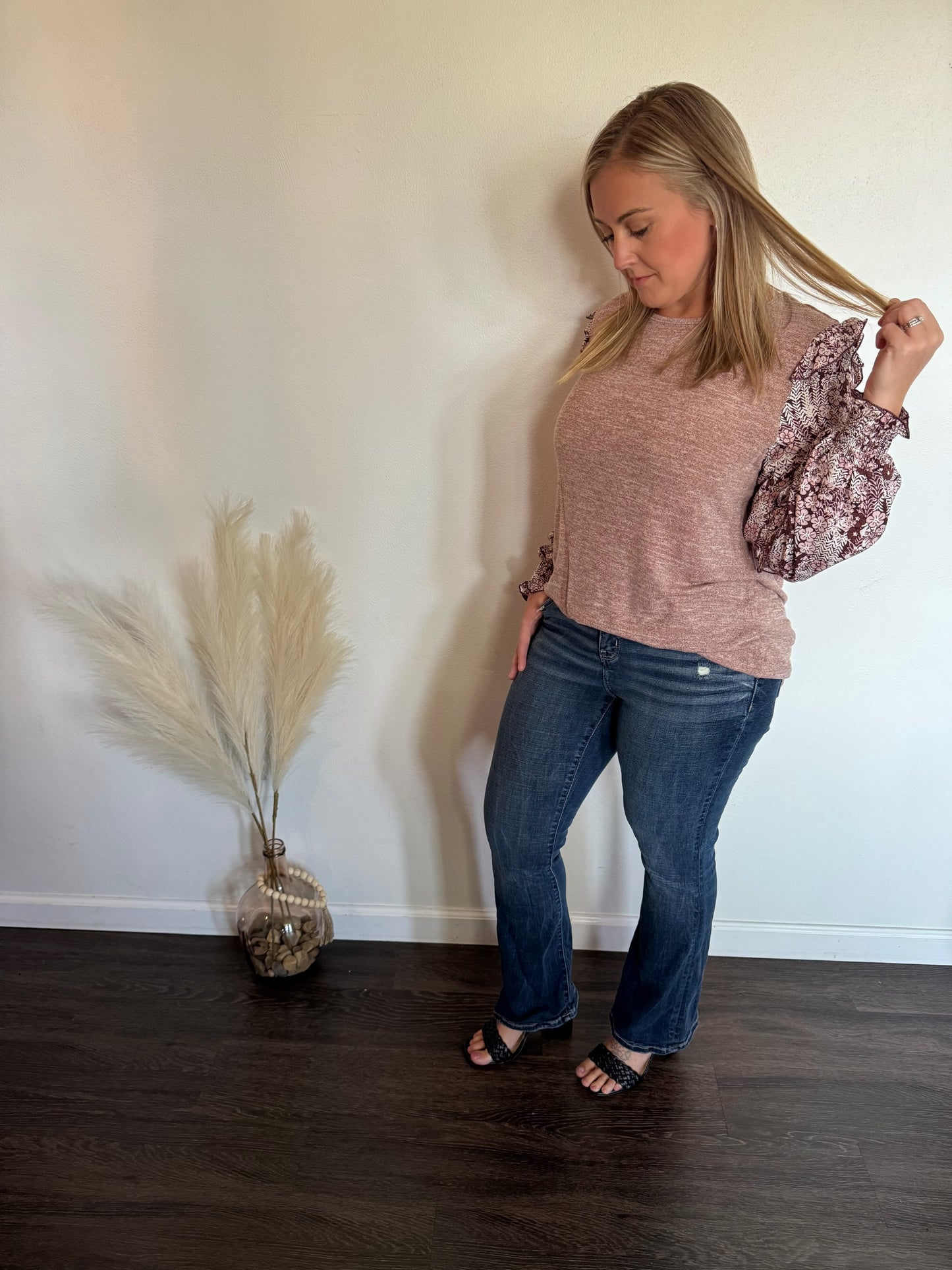 Chestnut Ruffle Tiered Floral Sleeve Blouse
