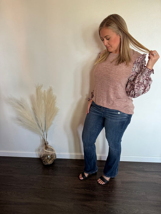 Chestnut Ruffle Tiered Floral Sleeve Blouse