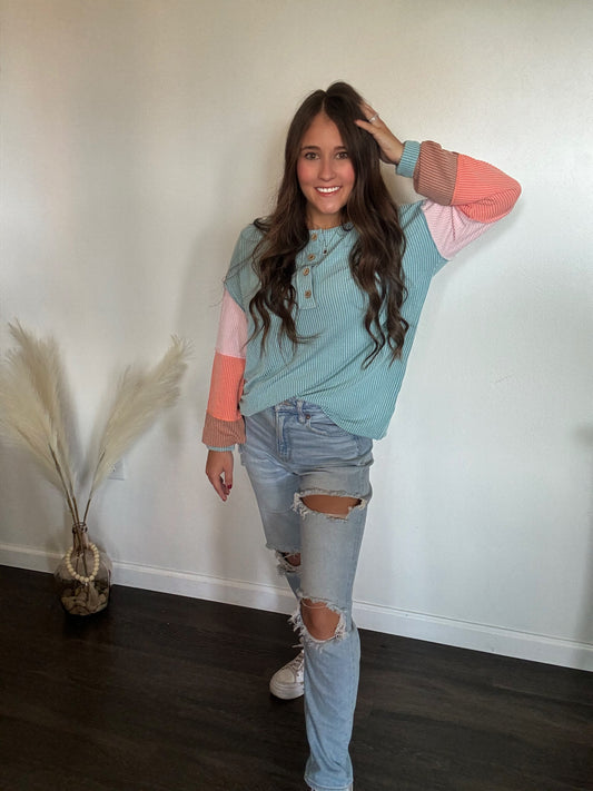 Ribbed Knit Colorblock Henley Top