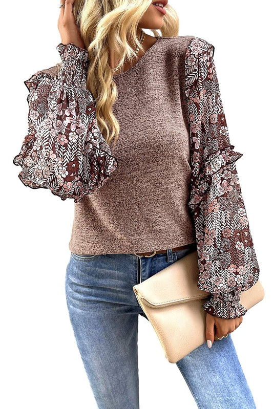 Chestnut Ruffle Tiered Floral Sleeve Crew Neck Blouse