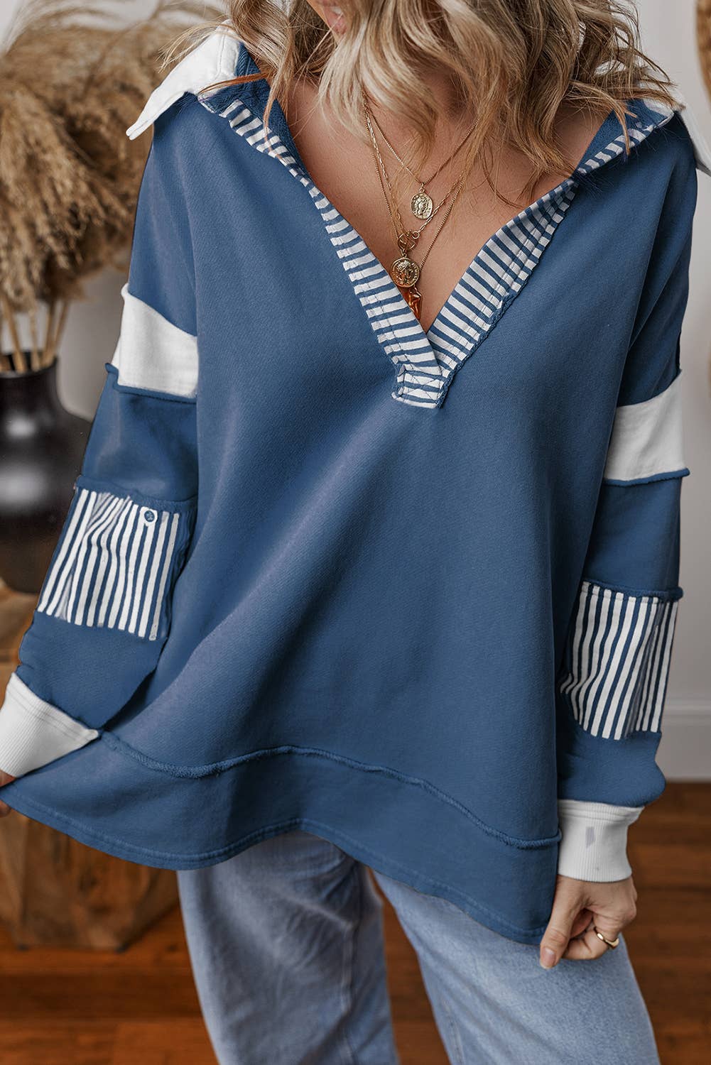 Colorblock Patchwork Striped Collar Sweatshirt: Sail Blue