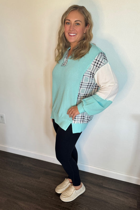 Corded Plaid Colorblock Patchwork Top
