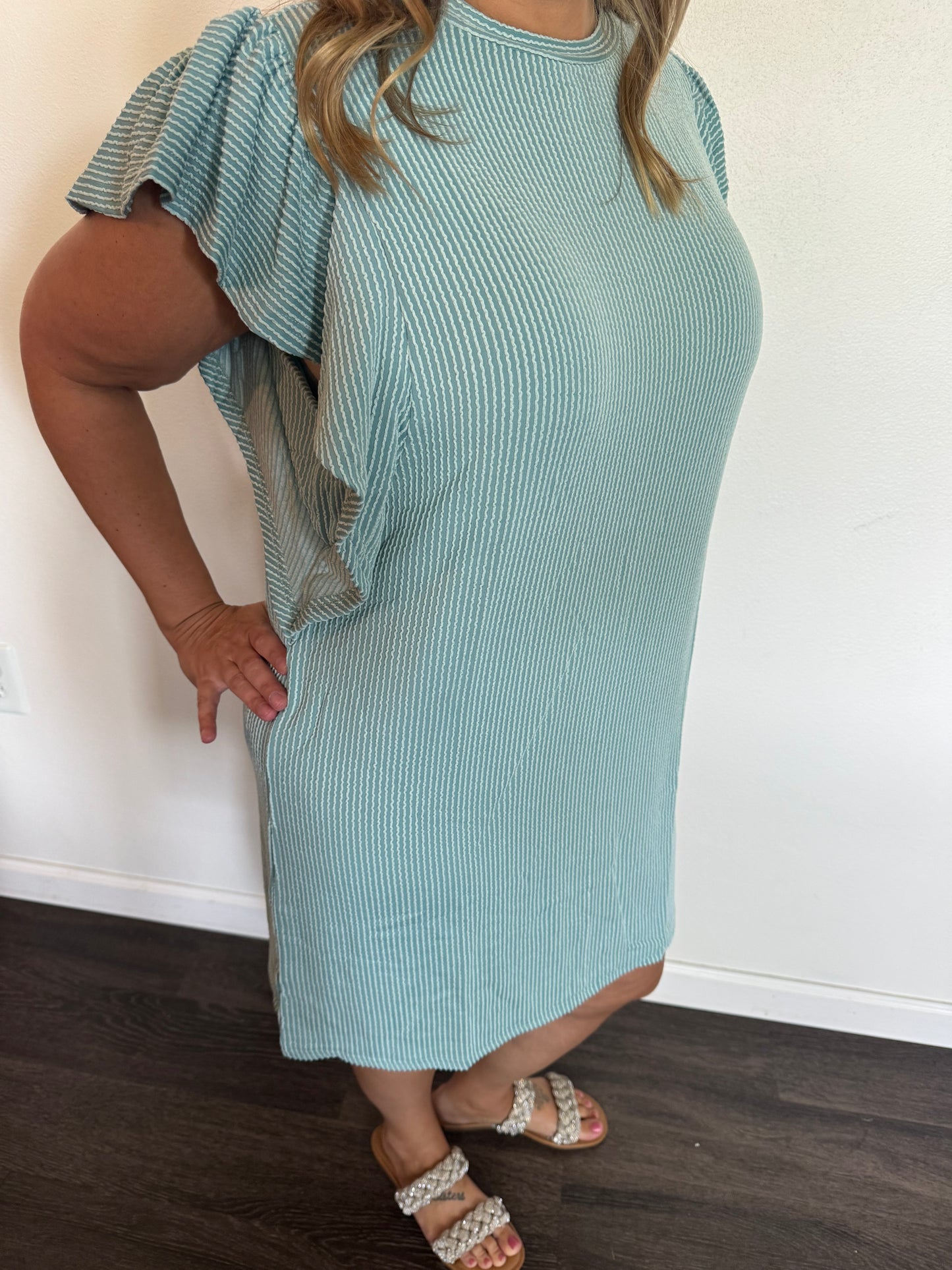 Striped Lotus Leaf Sleeve Dress