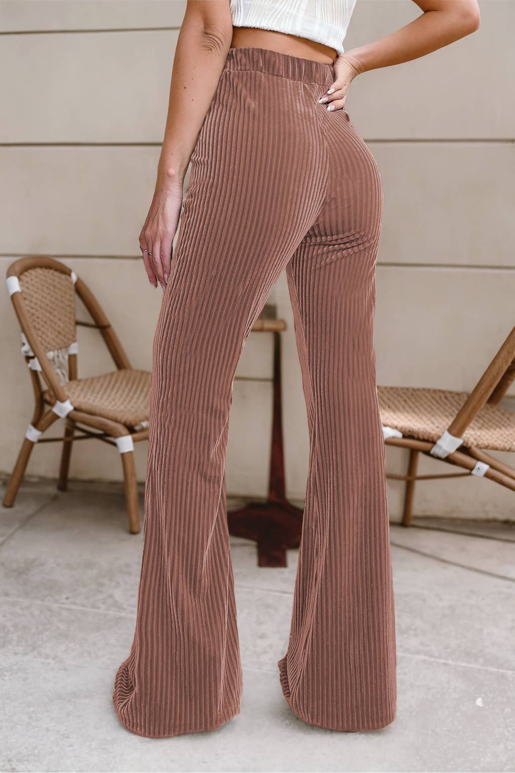 Solid Color High Waist Flare Corduroy Pants