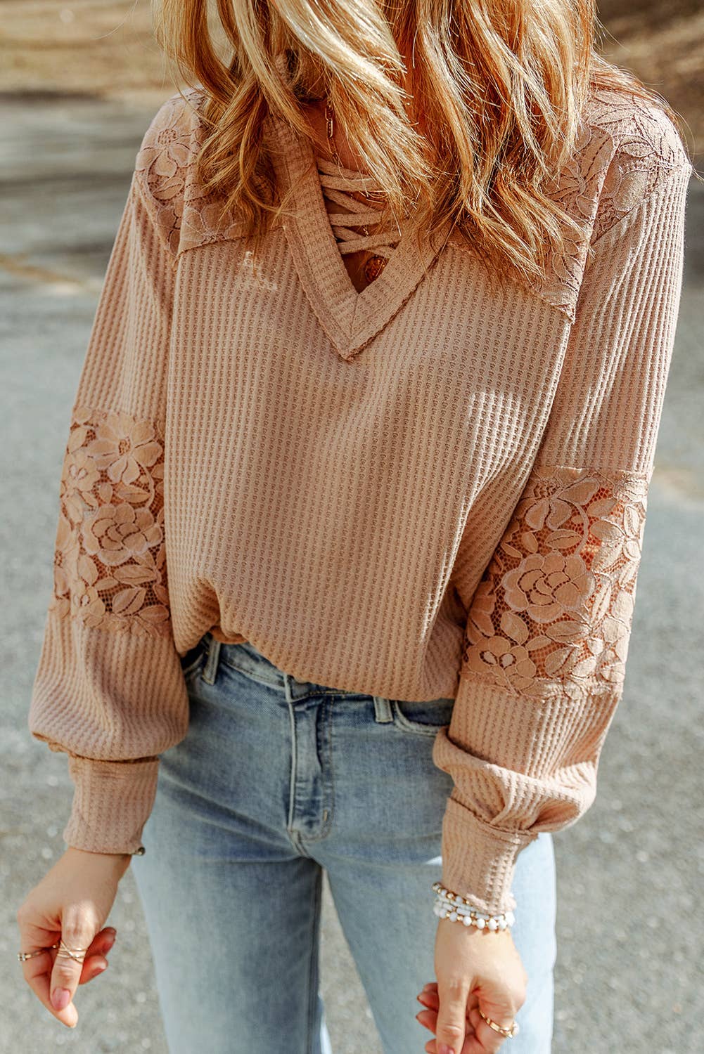 Lace Waffle Patchwork Strappy V Neck Long Sleeve Top: Apricot