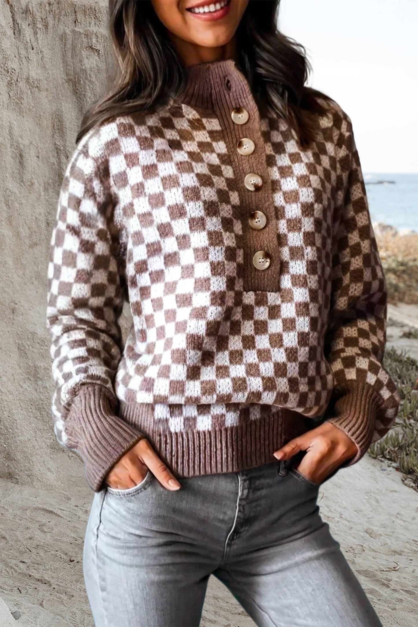 Checkerboard Half Button Sweater