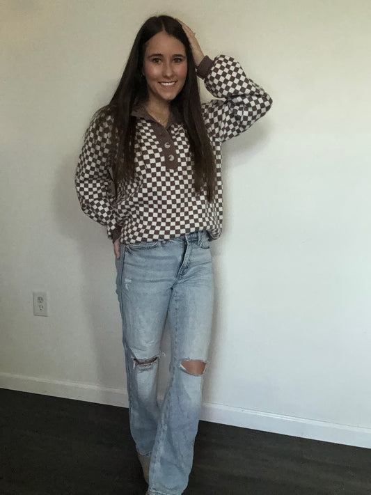 Checkerboard Half Button Sweater