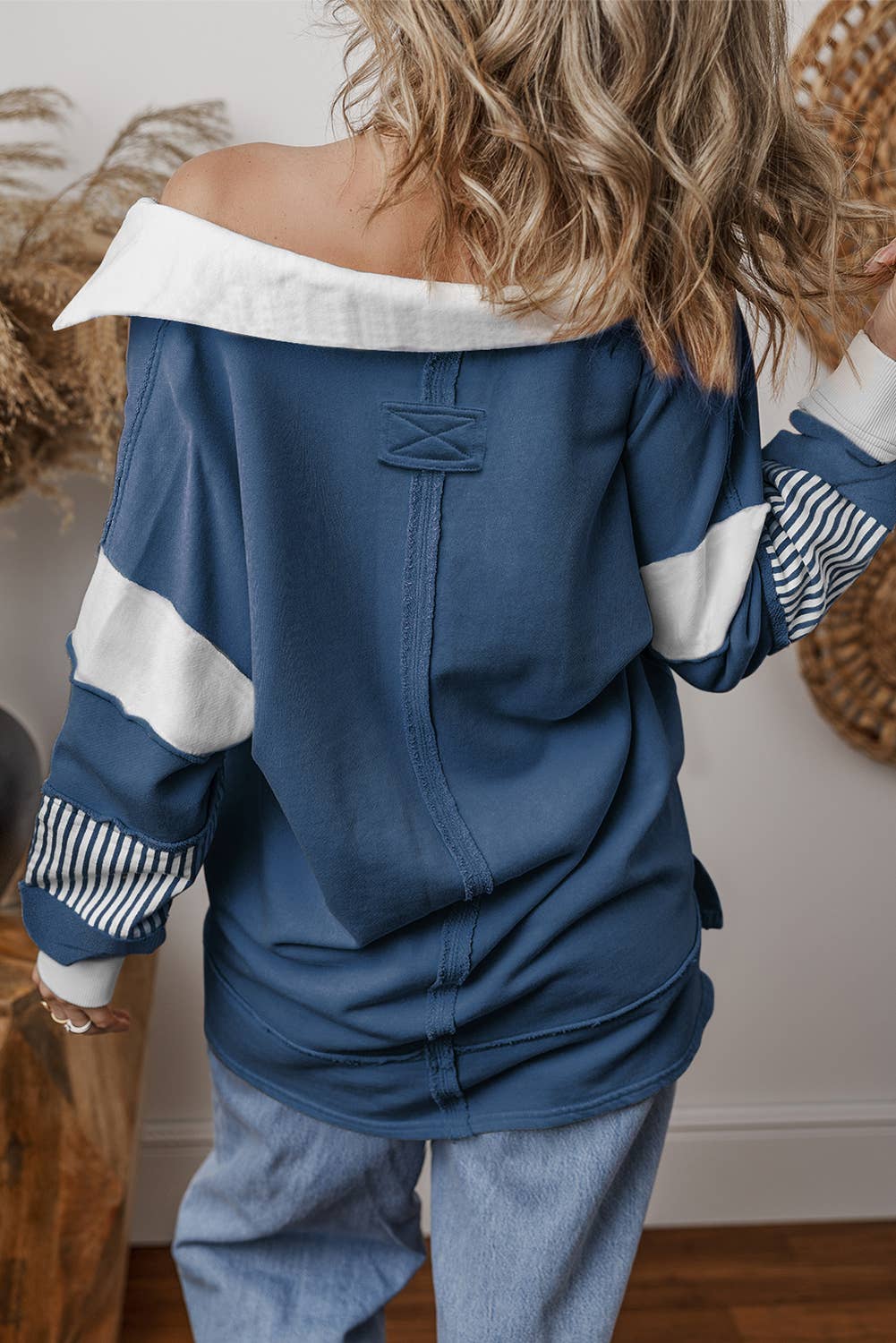 Colorblock Patchwork Striped Collar Sweatshirt: Sail Blue