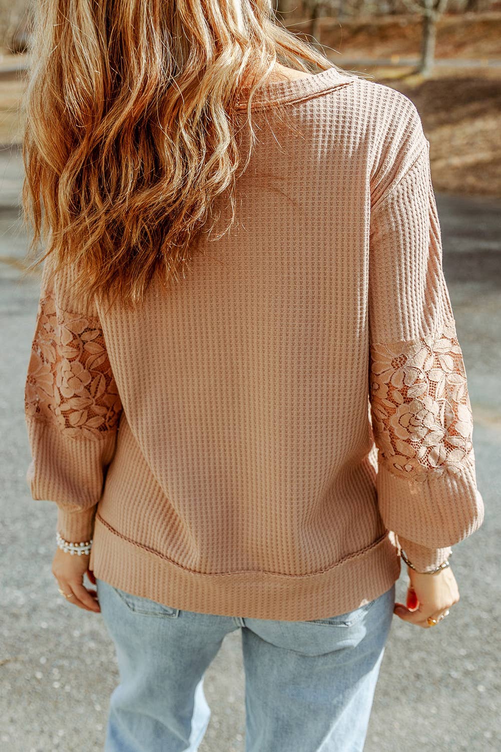 Lace Waffle Patchwork Strappy V Neck Long Sleeve Top: Apricot