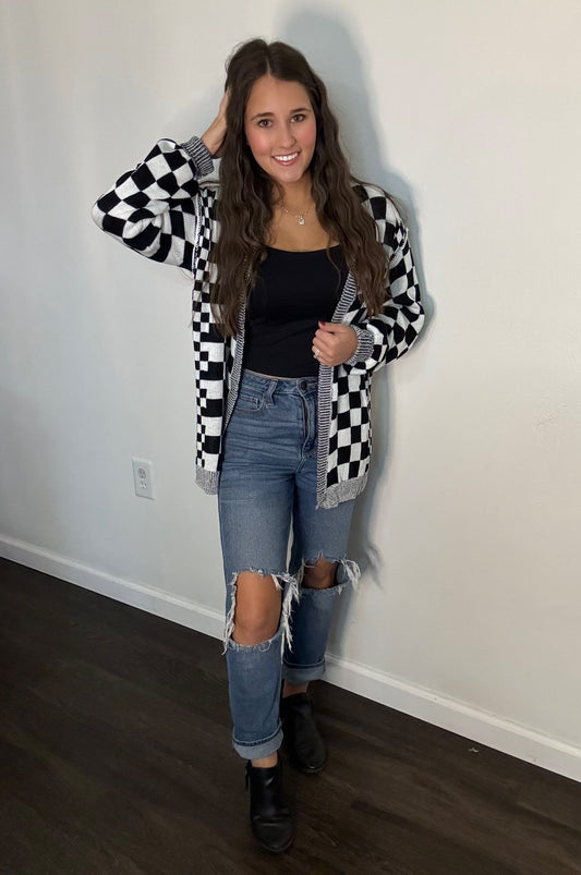 Checkered Open Front Cardigan