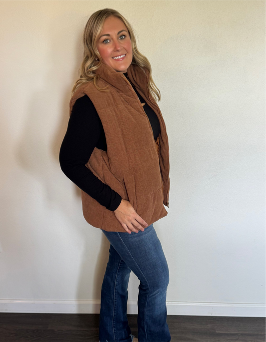 Corduroy Stand Neck Zipped Puffer Vest