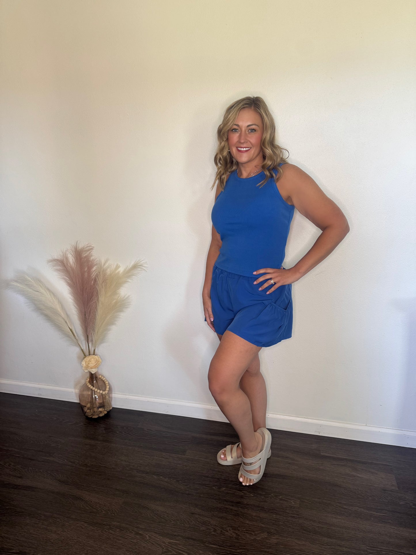 Blue Ribbed Tank Shorts Set