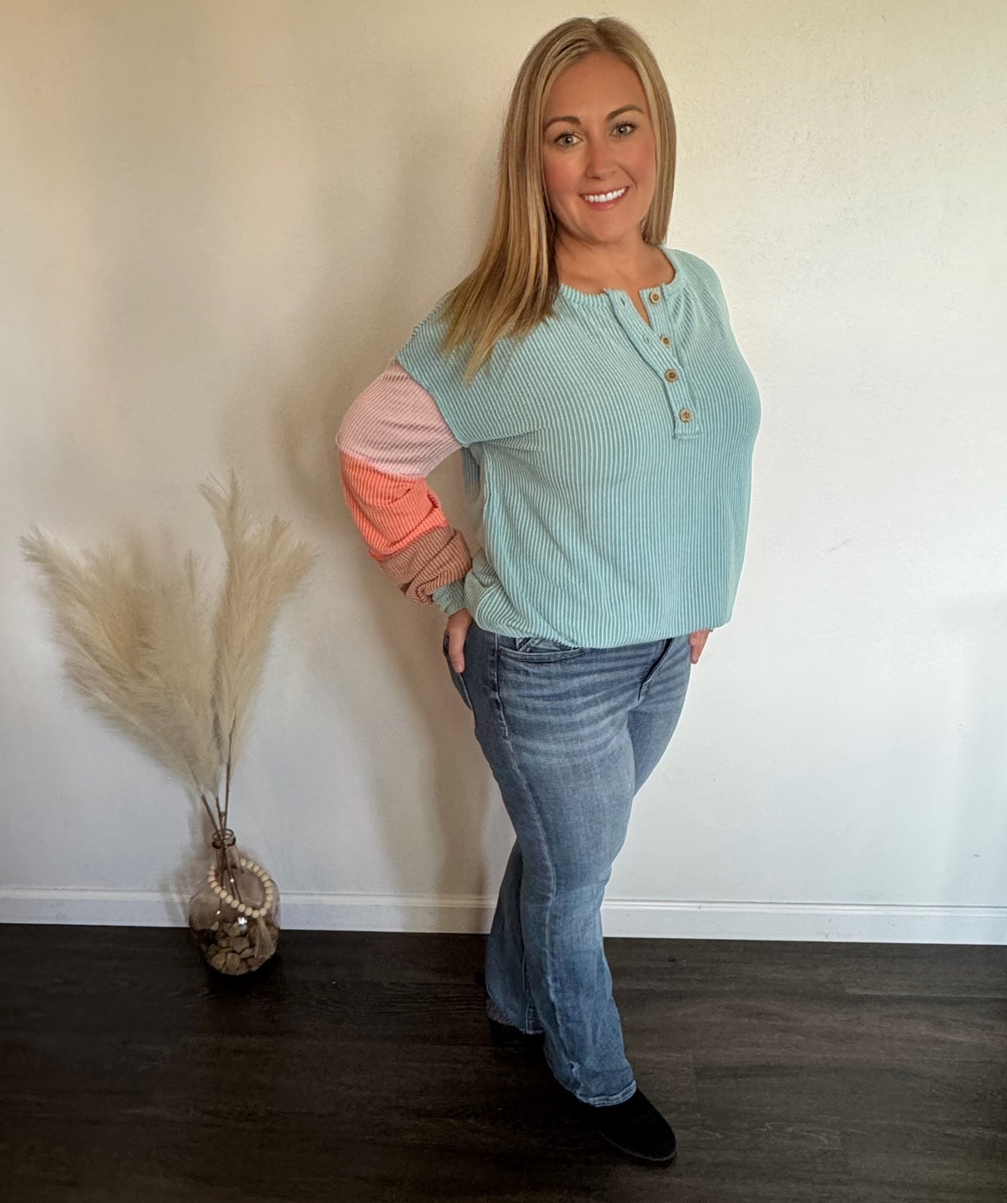 Ribbed Knit Colorblock Henley Top