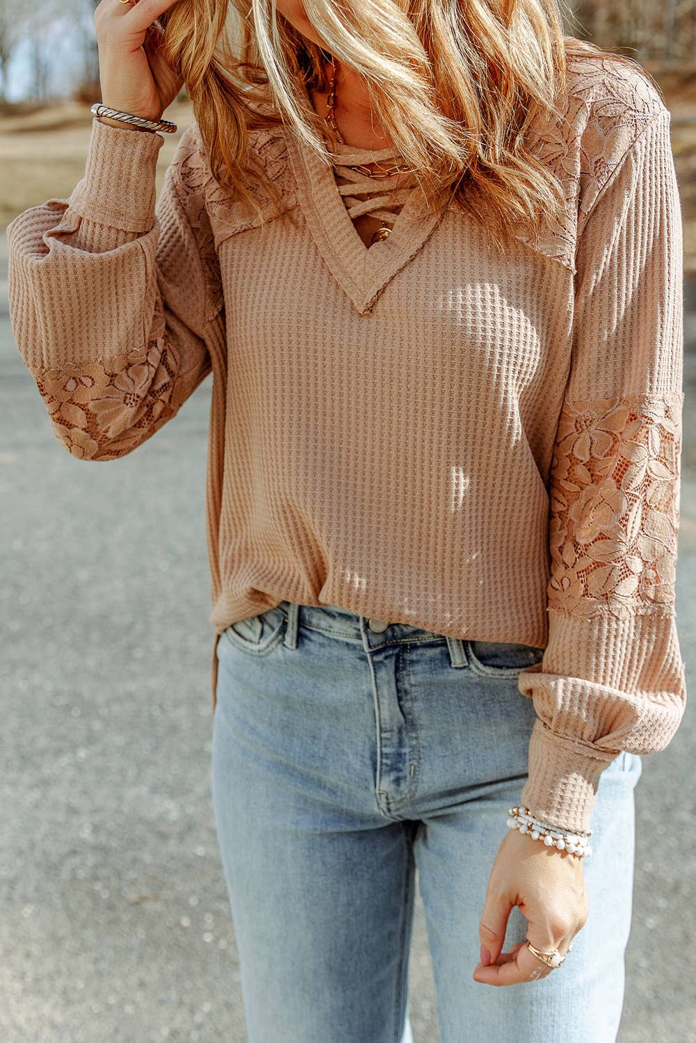 Lace Waffle Patchwork Strappy V Neck Long Sleeve Top: Apricot