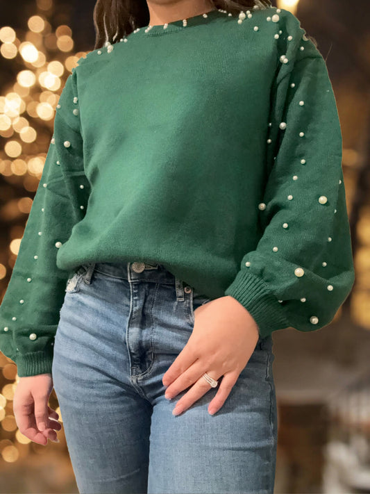 Long Sleeve Round Neck Pearl Pullover Sweater: Evergreen