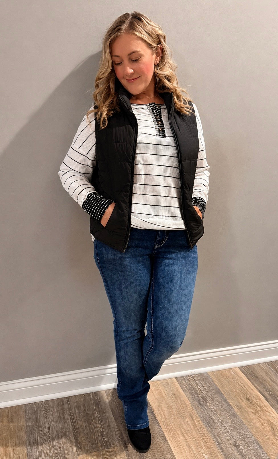 Striped Buttoned Waffle Knit Top
