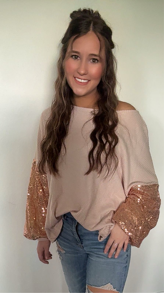 Sequin Patchwork Sleeve Open Back Waffle Knit Top