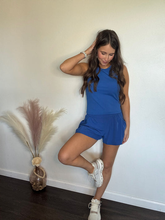 Blue Ribbed Tank Shorts Set