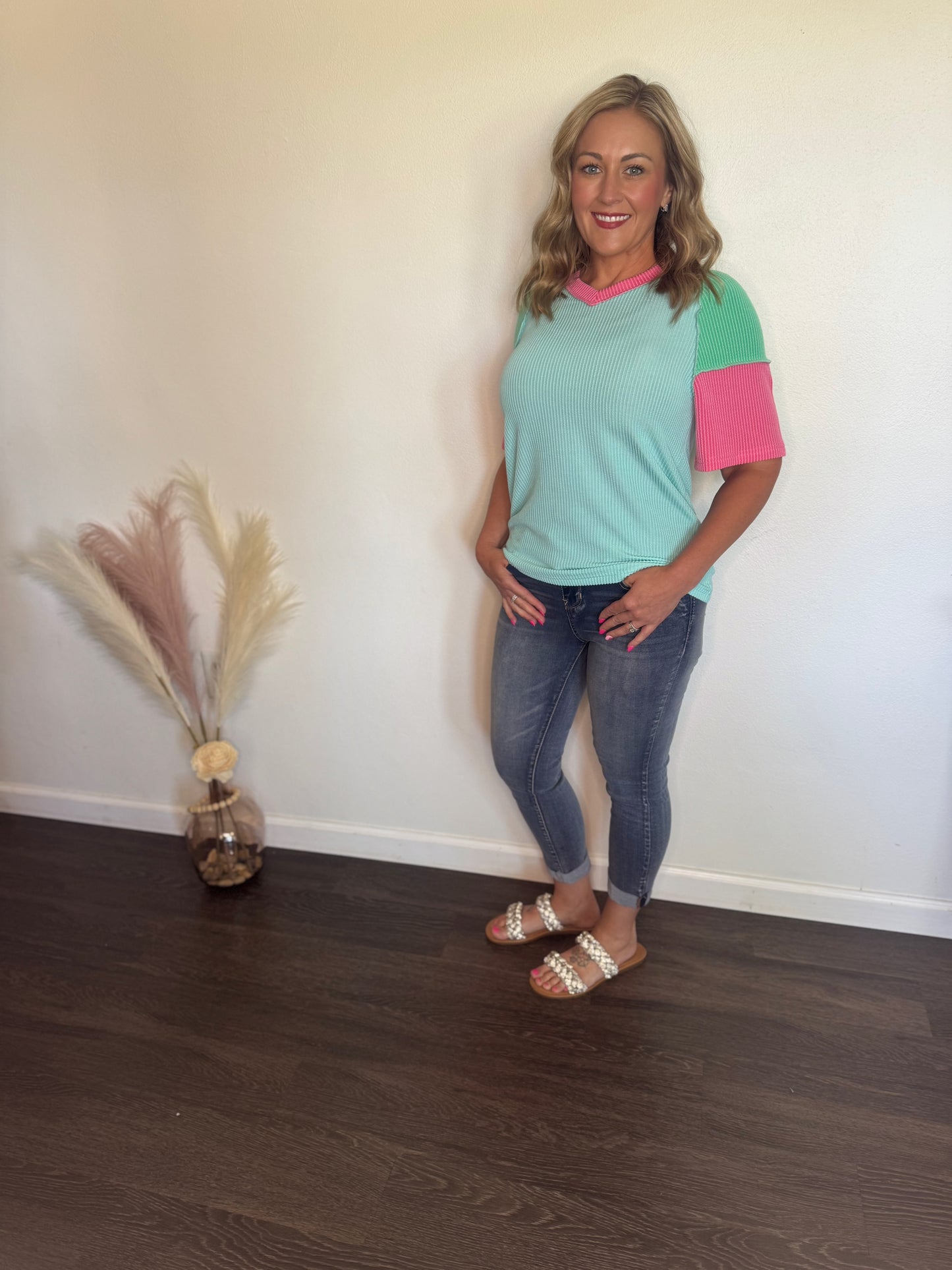 V Neck Color Block Ribbed Top