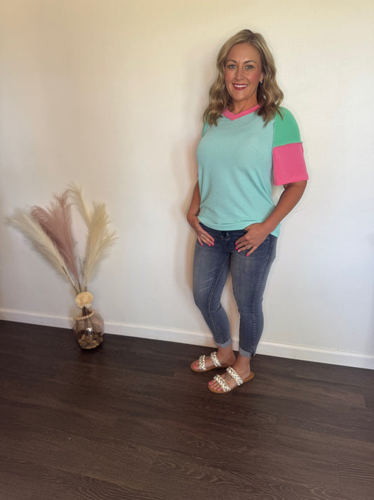 V Neck Color Block Ribbed Top