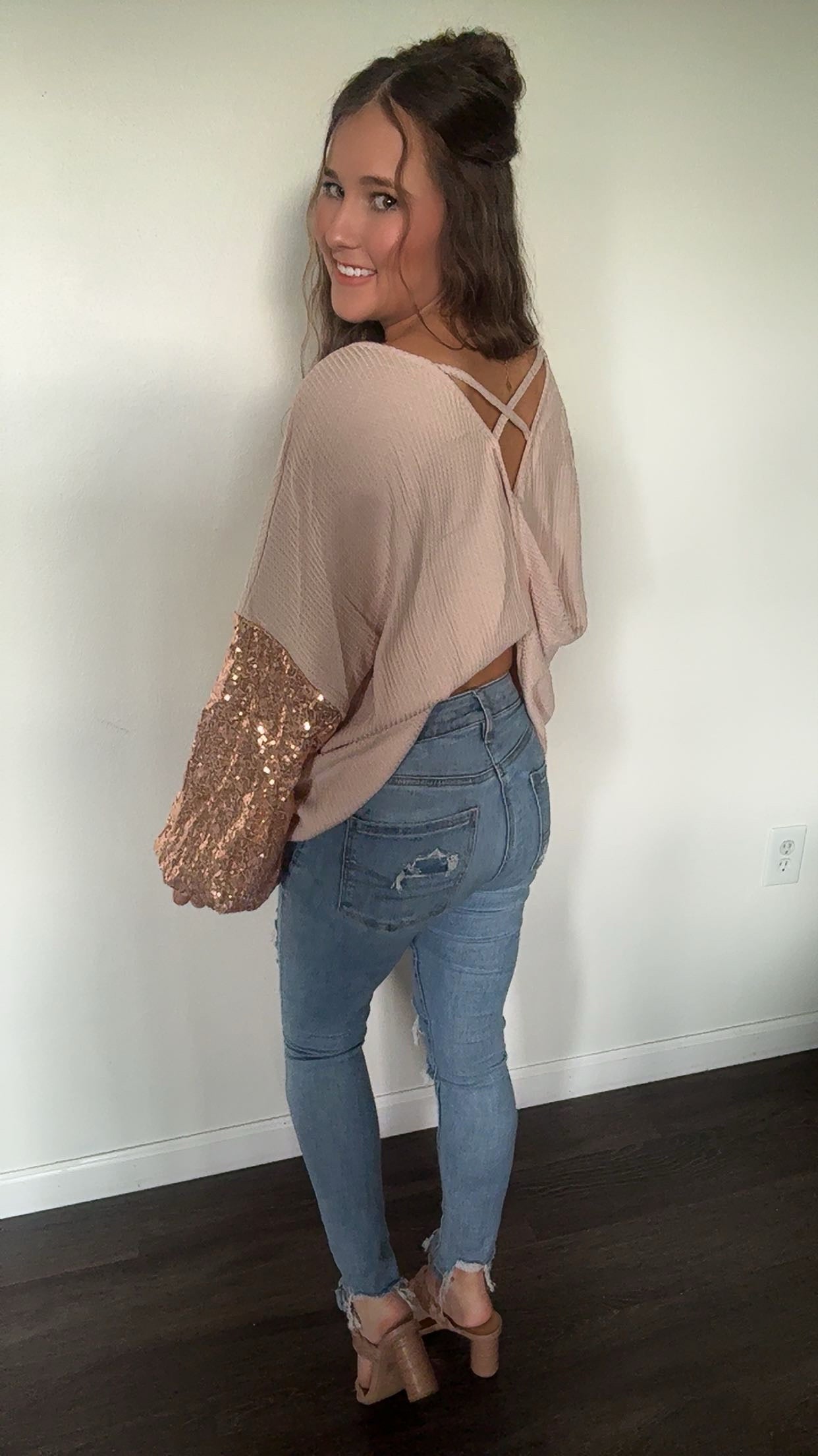 Sequin Patchwork Sleeve Open Back Waffle Knit Top