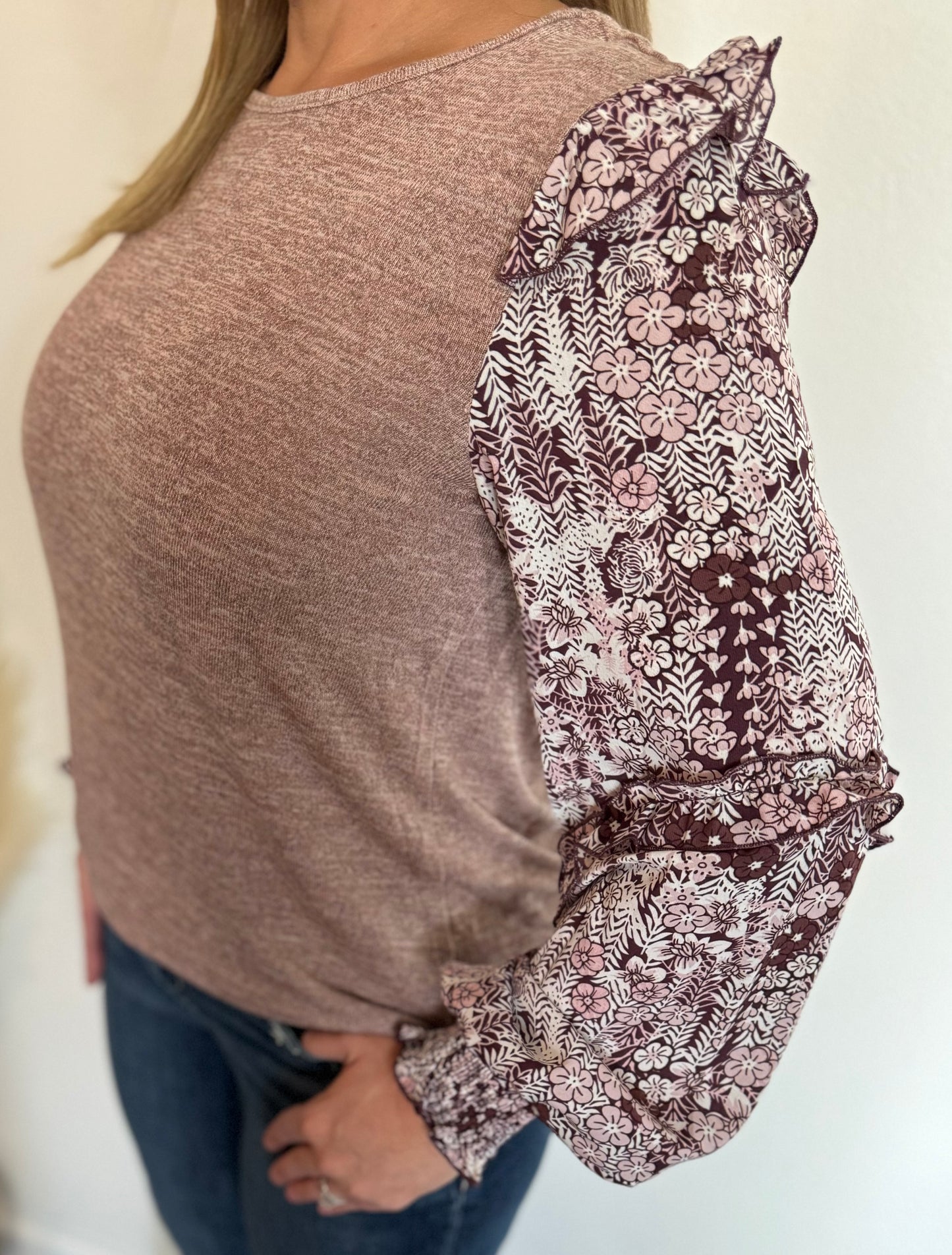 Chestnut Ruffle Tiered Floral Sleeve Blouse