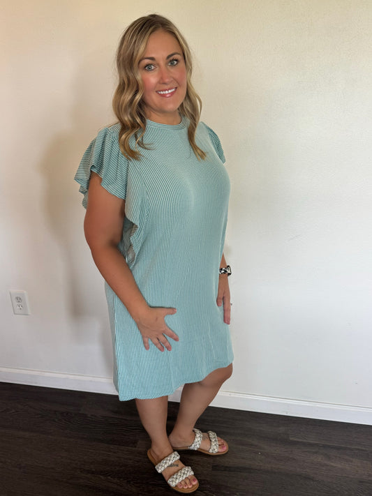 Striped Lotus Leaf Sleeve Dress