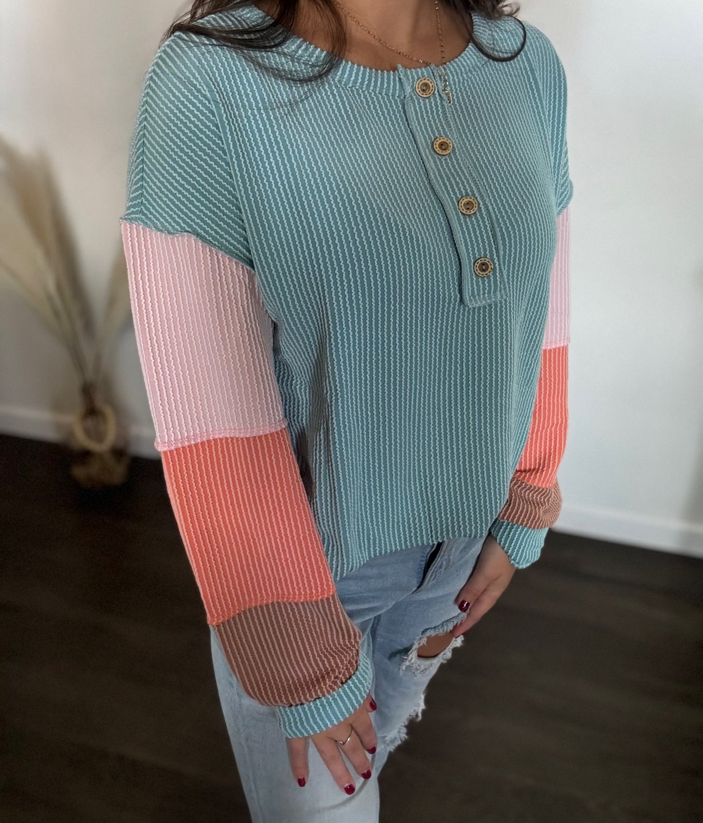 Ribbed Knit Colorblock Henley Top