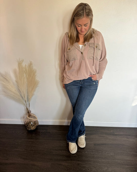 Flap Pocket Patchwork Corded Drawstring Hoodie