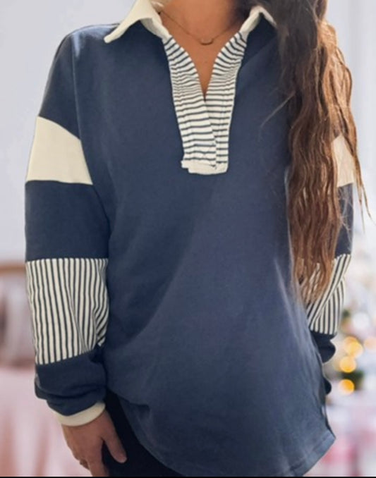 Colorblock Patchwork Striped Collar Sweatshirt: Sail Blue
