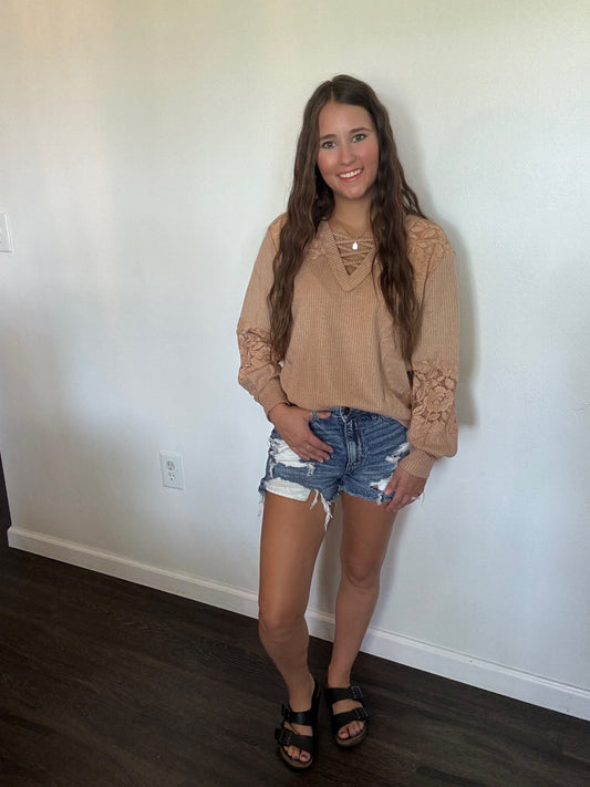Lace Waffle Patchwork Strappy V Neck Long Sleeve Top: Apricot